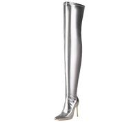 Women's Stiletto High Heel Over The Knee Boots, Pointed Toe Stretch Faux Leather Thigh High Boot for Night Club,Silver,45