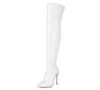 Women's Stiletto High Heel Over The Knee Boots, Pointed Toe Stretch Faux Leather Thigh High Boot for Night Club,White,44
