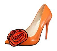 Womens Stiletto Pumps High Heels Pointed Toe Patent Leather Flowers Applique Office Party Thin Heel Orange
