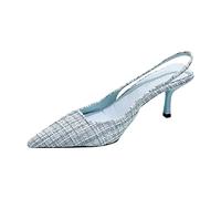Women's Stiletto Sandals Kitten Heel Pumps Lace Toe Cap Ankle Strap Low Heel Shoes Canvas Front Mules Fashion Elegant Wedding Shoes Evening Shoes Leisure Sandals, blue, 39 EU