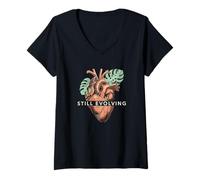 Women's Still Evolving Anatomical Heart Monstera Leaf V-Neck T-Shirt
