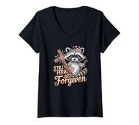 Womens Still Feral Just Forgiven Vintage Christian Cross Raccoon V-Neck T-Shirt