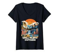 Womens Still Plays Outside Nature Outdoors Lover Mountain Hiking V-Neck T-Shirt