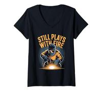 Womens Still Plays with Fire Welding Flames Enthusiast V-Neck T-Shirt