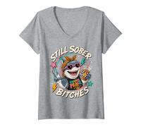 Women's Still Sober Bitches Messy Bun Drinking Coffee Shark V-Neck T-Shirt