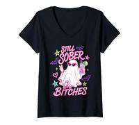 Women's Still Sober Bitches Sober October Recovery Ghost Halloween V-Neck T-Shirt