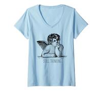 Women's Still Thinking Angel Overthinking Humor Minimalist Sarcastic V-Neck T-Shirt