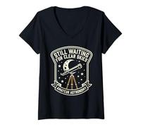 Women's Still Waiting for Clear Skies Telescope Sky Observers Humor V-Neck T-Shirt