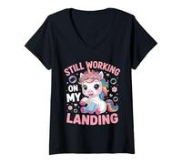 Women's Still Working On My Landing Cute Unicorn Broken Arm Injury V-Neck T-Shirt