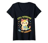 Womens Still Working On My Landing Injury Broken Arm Cat Cute V-Neck T-Shirt