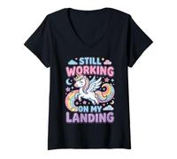 Women's Still Working On My Landing Unicorn Rainbow Design V-Neck T-Shirt
