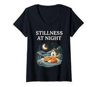 Women's Stillness At Night Sleeping Fox Cozy Moon Calm Cottagecore V-Neck T-Shirt
