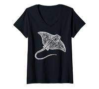 Women's Stingray Line Art Sting Ray Scuba Diver Snorkeler V-Neck T-Shirt