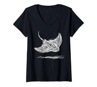 Women's Stingray Line Art Sting Ray Scuba Diver Snorkeler V-Neck T-Shirt