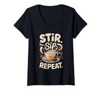 Women's Stir Sip Repeat Masala Chai Tea Lover Spiced Tea V-Neck T-Shirt