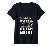 Women's Stitch Retro Needle Sewing Machine Thread Vintage V-Neck T-Shirt