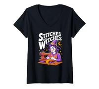 Women's Stitches Get Itches While Witches Sewing V-Neck T-Shirt