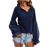 Women's Stitching Colour Lantern Top Shirt Long Sleeve with String Solid Women's Blouse Outfit, darkblue, S