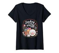 Womens Stitching My Way Through Life Craft Cottagecore Floral V-Neck T-Shirt