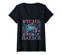 Womens STONE HARBOR NEW JERSEY SHORE BLUE CRAB SUMMER BEACH ART V-Neck T-Shirt