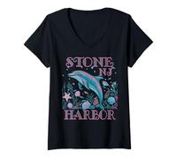 Womens STONE HARBOR NJ DOLPHIN COLORFUL BEACH SOUVENIR V-Neck T-Shirt