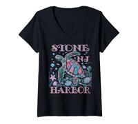 Womens STONE HARBOR NJ TURTLE LOVER COLORFUL BEACH SOUVENIR V-Neck T-Shirt