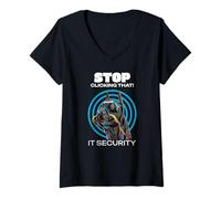 Womens Stop Clicking That! IT Cyber Security Funny Robot Dog V-Neck T-Shirt