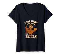 Womens Stop Drop Pass The Rolls Funny Thanksgiving Dinner Turkey V-Neck T-Shirt
