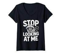 Women's Stop Looking At Me Funny Angry Raccoon Antisocial Shy V-Neck T-Shirt