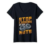 Women's Stop Looking At My Nuts Funny Mechanic V-Neck T-Shirt