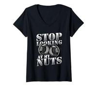 Women's Stop Looking At My Nuts Funny Mechanic V-Neck T-Shirt