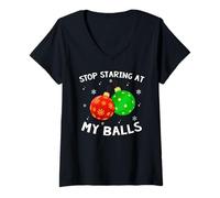 Womens Stop Staring at My Balls Funny Christmas Ornament Xmas Adult V-Neck T-Shirt