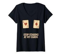 Womens Stop Staring at My Cards Poker Aces Funny Retro Hold Em V-Neck T-Shirt