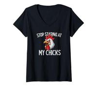 Womens Stop Staring at My Chicks Funny Rooster Farm Chicken Farmer V-Neck T-Shirt