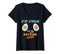 Womens Stop Staring At My Deviled Eggs Funny Humor Cooking Foodie V-Neck T-Shirt