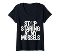 Womens Stop Staring at My Mussels Workout Seafood Pun - V-Neck T-Shirt