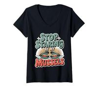 Womens Stop Staring at My Mussels Workout Seafood Pun - V-Neck T-Shirt