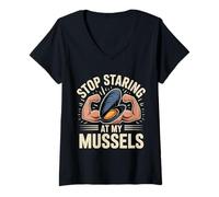 Womens Stop Staring at My Mussels Workout Seafood Pun |- V-Neck T-Shirt