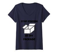 Womens Stop Staring at My Package Funny Innuendo V-Neck T-Shirt