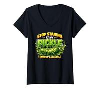 Women's Stop Staring At My Pickle Big Dill Joke V-Neck T-Shirt