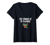 Womens Stop Staring at My Plumage Funny Painted Bunting for Birders V-Neck T-Shirt