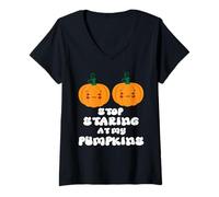 Womens Stop Staring at My Pumpkins V-Neck T-Shirt