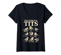 Women's Stop Staring At My Tits Funny Bird Lover V-Neck T-Shirt