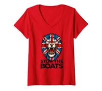 Womens Stop The Boats Great Britain Flag. Lion V-Neck T-Shirt