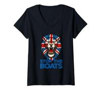 Womens Stop The Boats. Lion face. Great Britain Flag V-Neck T-Shirt