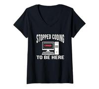 Womens Stopped Coding to Be Here Software Developer Coder Nerd V-Neck T-Shirt