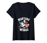 Womens Stork Nurse Vintage Cartoon for Nurse, Midwife, Baby Care V-Neck T-Shirt
