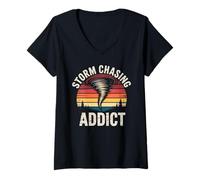 Women's Storm Chasing Retro Sunset Tornado Weather V-Neck T-Shirt