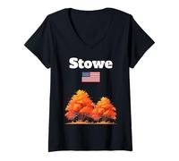 Womens Stowe Autumn Trees Fall Foliage US Flag Vermont Souvenir V-Neck T-Shirt