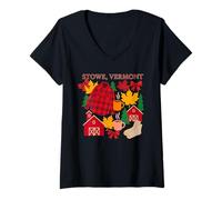 Womens Stowe Vermont Autumn Plaid Barns and Foliage Scene V-Neck T-Shirt